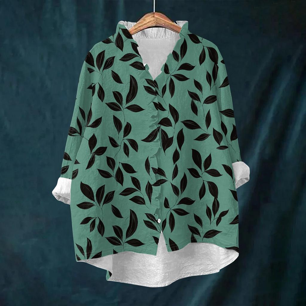 Women's Loose Ruffled Retro Floral Print Stand Collar Long Sleeve Cotton And Linen Top