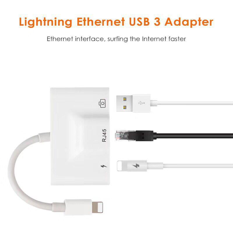 For iPhone/iPad Lightning To RJ45 Ethernet LAN 10/100Mbps Network Ethernet Adapter with Lightning 8Pin+USB Female Port