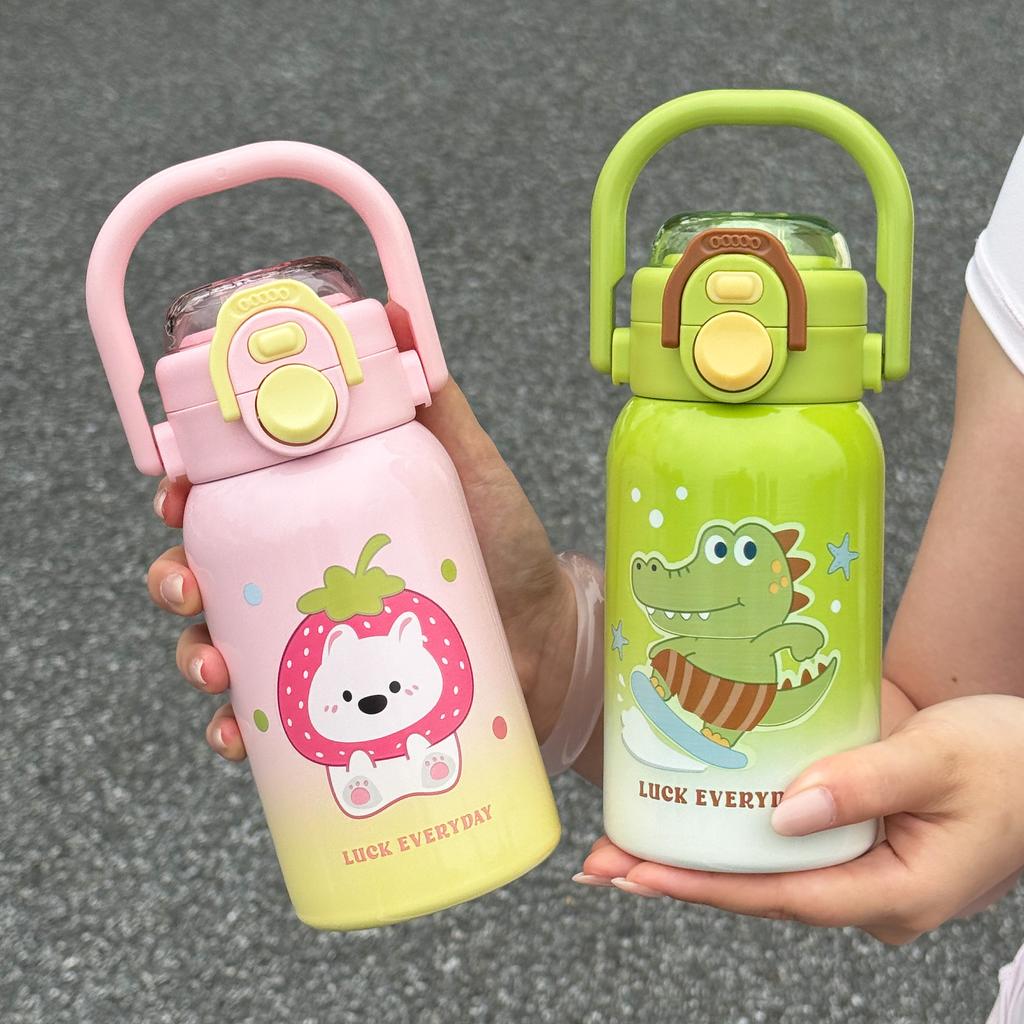 1pc Cartoon Insulated Water Bottle 500ml Dual Drink Thermos with Sleeve Carry Handle Portable Sports Thermal Cup 1