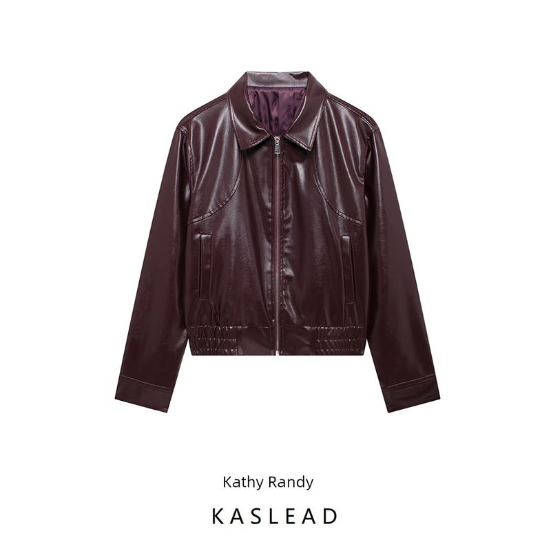 Kaslead New Arrival Women's Clothing Fashion Style Minimalist Casual Retro Polo Collar Solid Color Pu Zipper Jacket