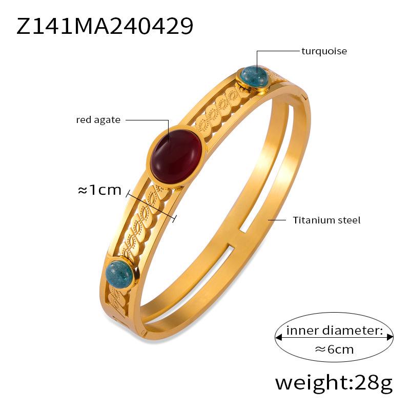Retro Gold-Plated Titanium Steel Bracelet with Inlaid Natural Stone and Hollow Design for Women