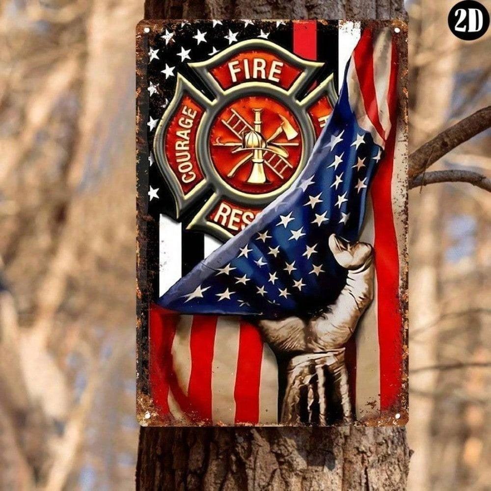 Vintage Metal Poster Firefighter Flag US Emblem Wall Art Decor 27x30cm
