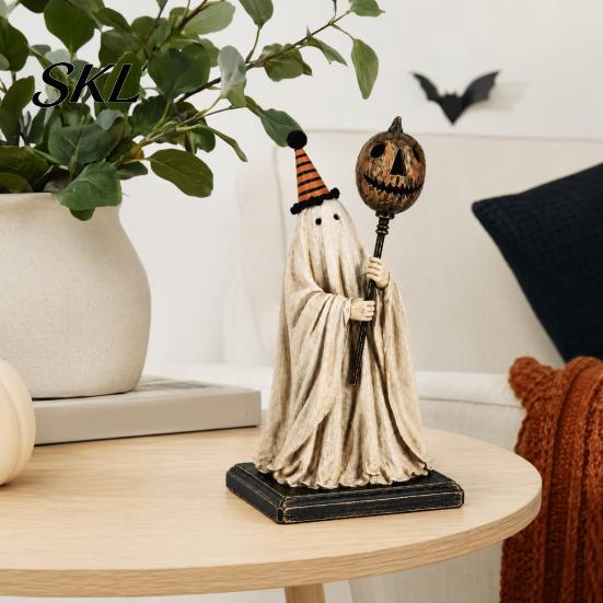 Textured Resin Halloween Statue Vintage Ghost Figurine with Glowing Pumpkin Scepter, Ornament Striped Hat LED Light, Lighted Decoration for