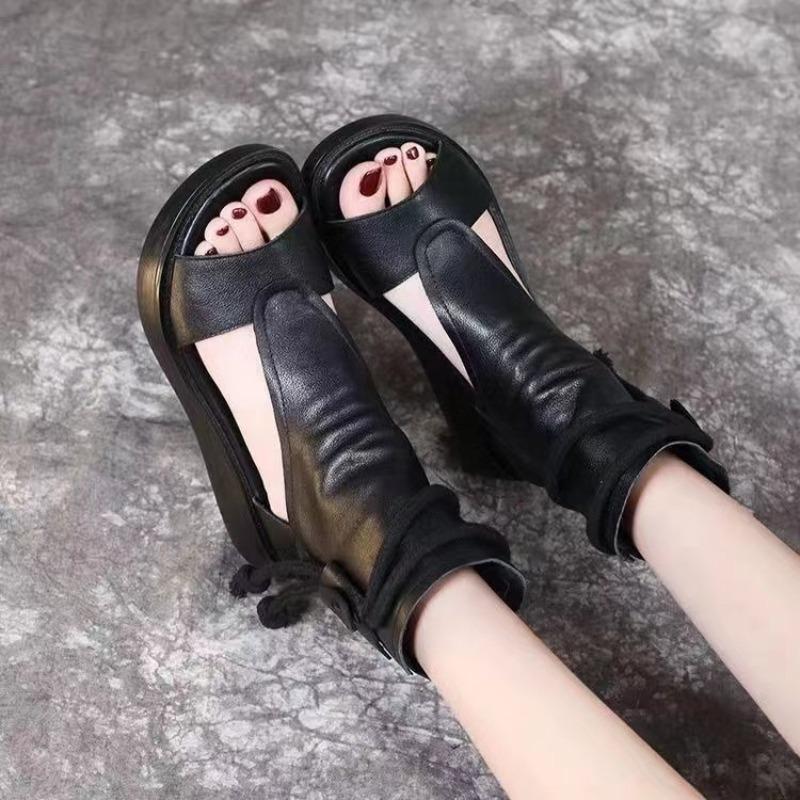 Vintage PU Leather Cool Boots Leisure Women Sandals Summer Mid Heels Wedges Shoe Sandalias Mujer Size 35-42