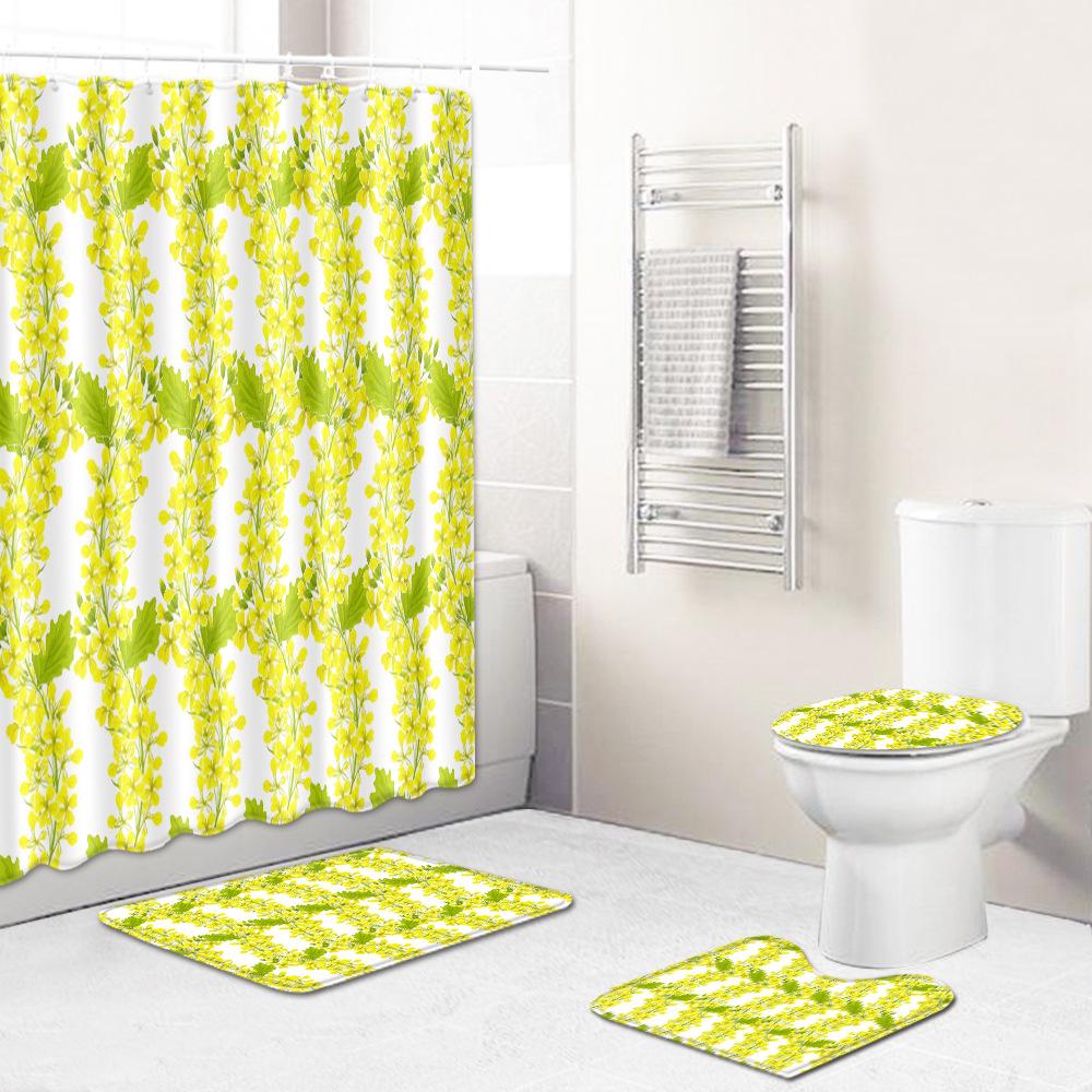 Painted Flowers Bathroom Shower Curtain Floor Mat Toilet Cover Foot Mat Four-Piece Pattern Size Fixed Zhi