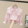 Mädchen Bluse Frühling 2023 Neue kinder Lange ärmeln Spitze Tops Kinder Weiß Revers Strickjacke T-shirt