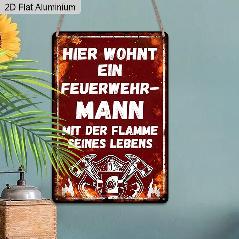 2D Flat 1pc Vintage German Firefighter Aluminium Wall Art Sign, 8x12 Aluminium Rustic Home Decor Fire Station