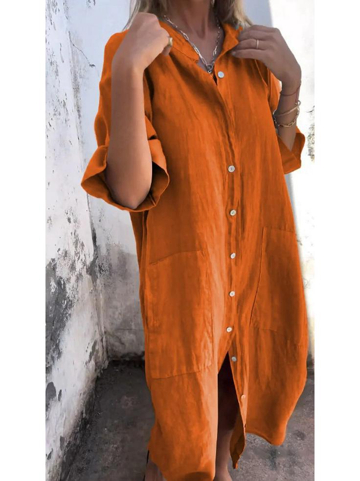 

Европейский и американский стиль Свободное платье-рубашка из хлопка и льна со средним рукавом для женщин L оранжевый