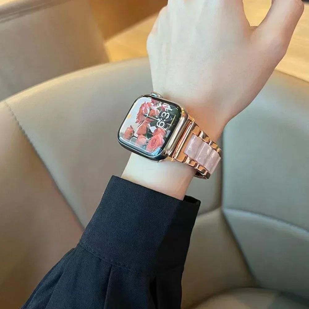 Stainless Steel+Resin Band for Apple Watch 10 42mm 46 Ultra 2 49mm Women Bracelet for IWatch 9 8 7 6 5 4 se 40mm 38mm 41 45 44mm