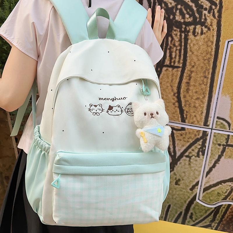 Schoolbag New Cute Cat Embroidered Backpack Female Middle and High School Students Large Capacity School Bag Campus Plaid Versatile Backpack