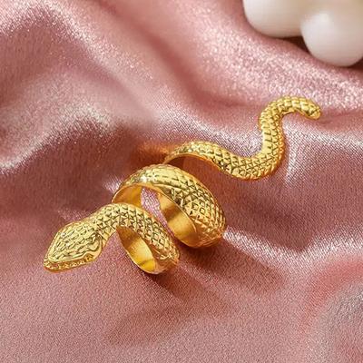 Huitan Women Snake Rings Metallic Style Punk Hip Hop Female Finger Accessories Adjustable Finger-ring Animal Statement Zircon