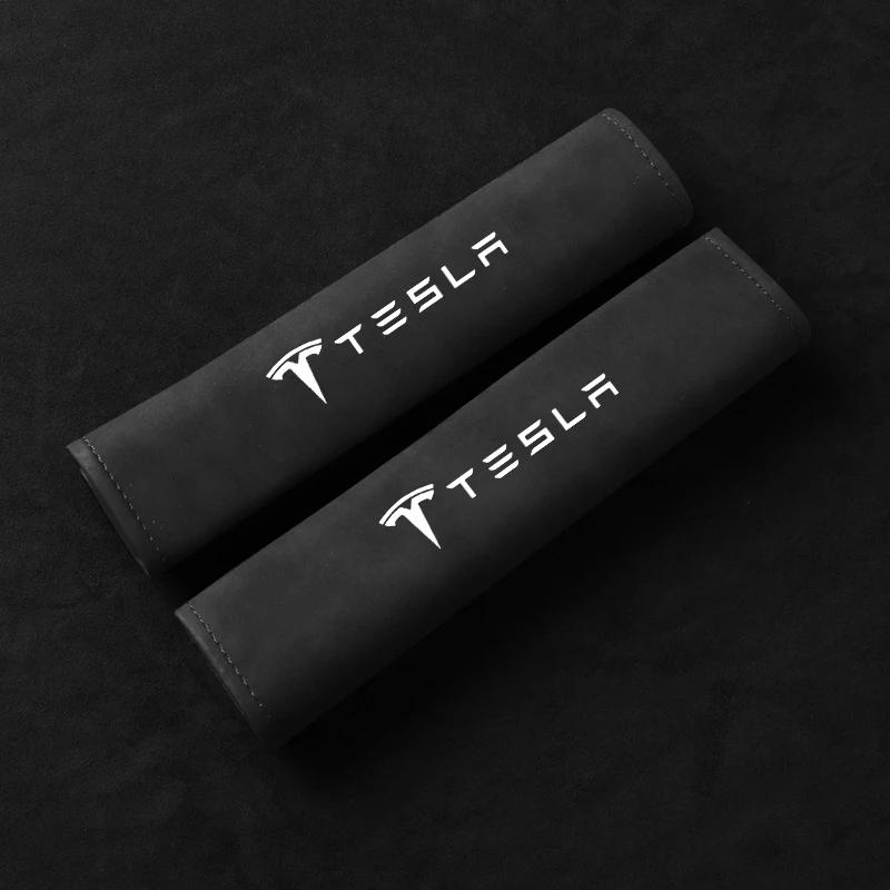 Car Sticker Tesla 2PCS Leather Universal Car Seat Belt Shoulder Cover Pad For Tesla Model 3 Y S X 2021 Roadster Auto Styling Int