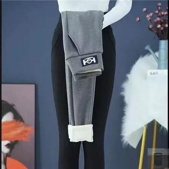 Women's Plus Size Thick Velvet Lambswool Leggings - Warm, Tight Fit In Black or Gray for Autumn and Winter.
