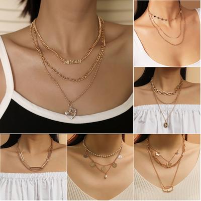 Women Necklace Multi Shapes Hip Hop Extended Length Star Shape Multi-layer Lady