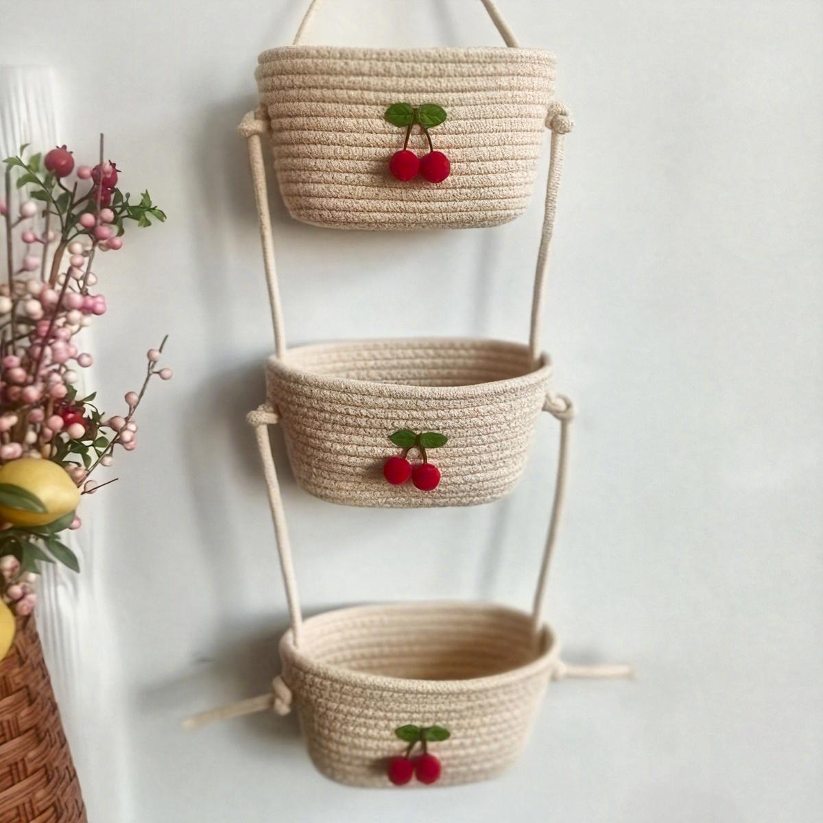 

Farmhouse 3-Tier Hanging Basket. Hand-Woven Wall & Desk Storage. Detachable Rope. Perfect Home Organizer, Stylish Room Decor. светло-желтого