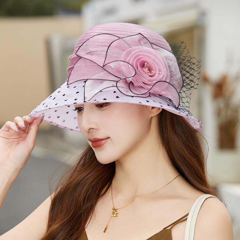 New Fashion Elegant Flowers Organza Dot Church Hat For Women Foldable Wedding Party Hat Summer Beach Protection Sun Cap
