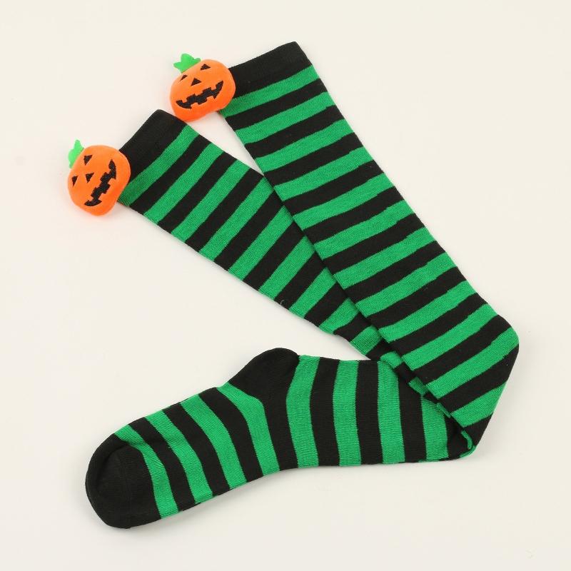 Women Halloween Over Knee Long Socks Cute 3D Wicked Evil Pumpkin Striped Print Thigh High Stockings Holiday Hosiery