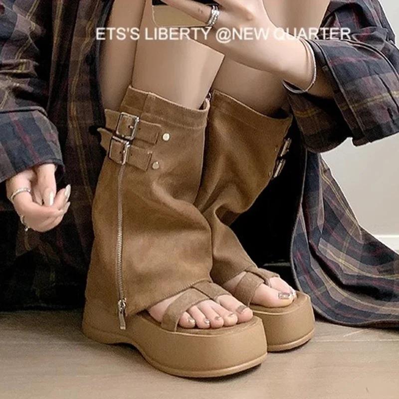 

Модные сандалии на платформе для женщин, дизайнерские сапоги до середины икры, крутые сандалии, женская обувь, лето 2025, новый бренд, панк, молния, сандалии для женщин 40