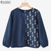ZANZEA Women Print Patchwork Loose Casual O-neck Long Sleeve Blouse