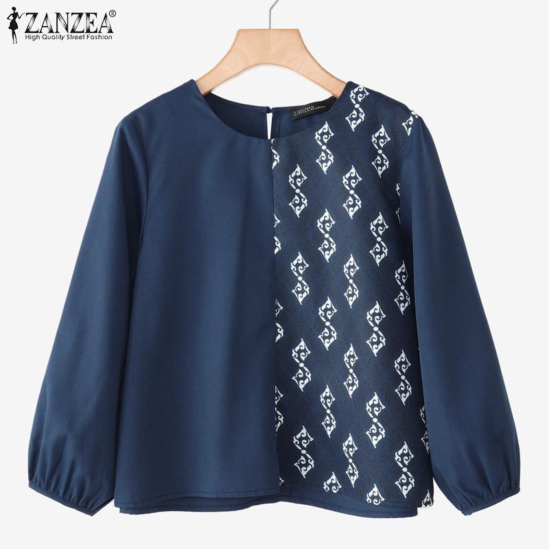 ZANZEA Women Print Patchwork Loose Casual O-neck Long Sleeve Blouse