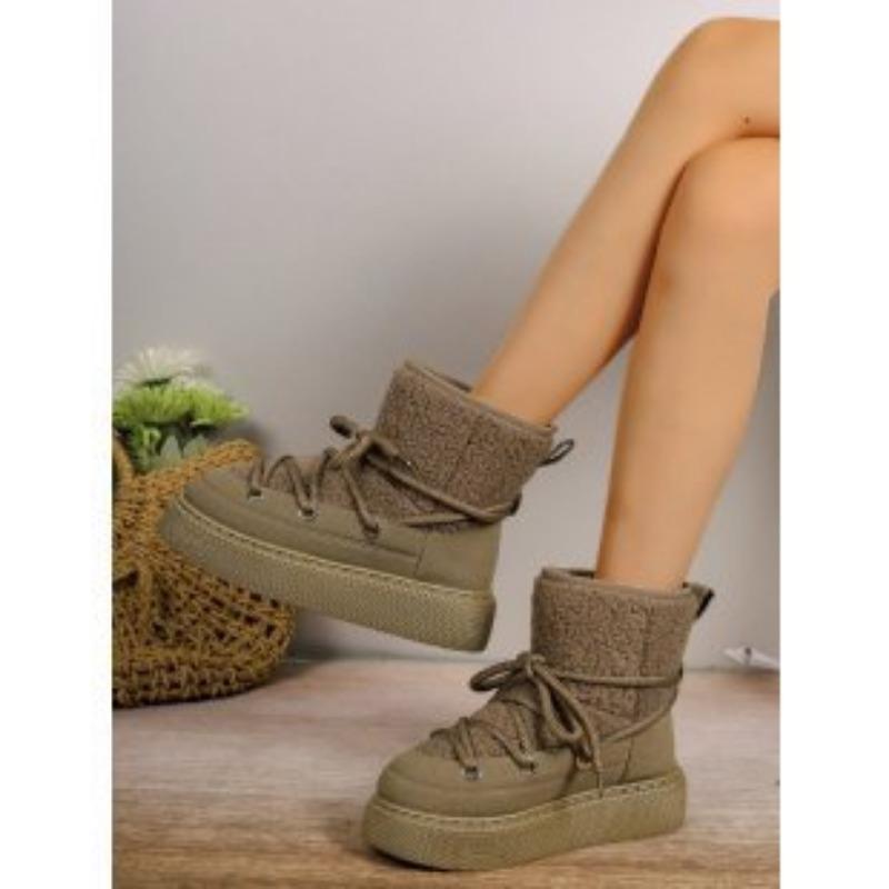 Women's Lace-up Soft Sole Winter Warm Fur One Snow Boots Padded Lined Ankle Boots Anti-slip Hiking Casual Sneakers
