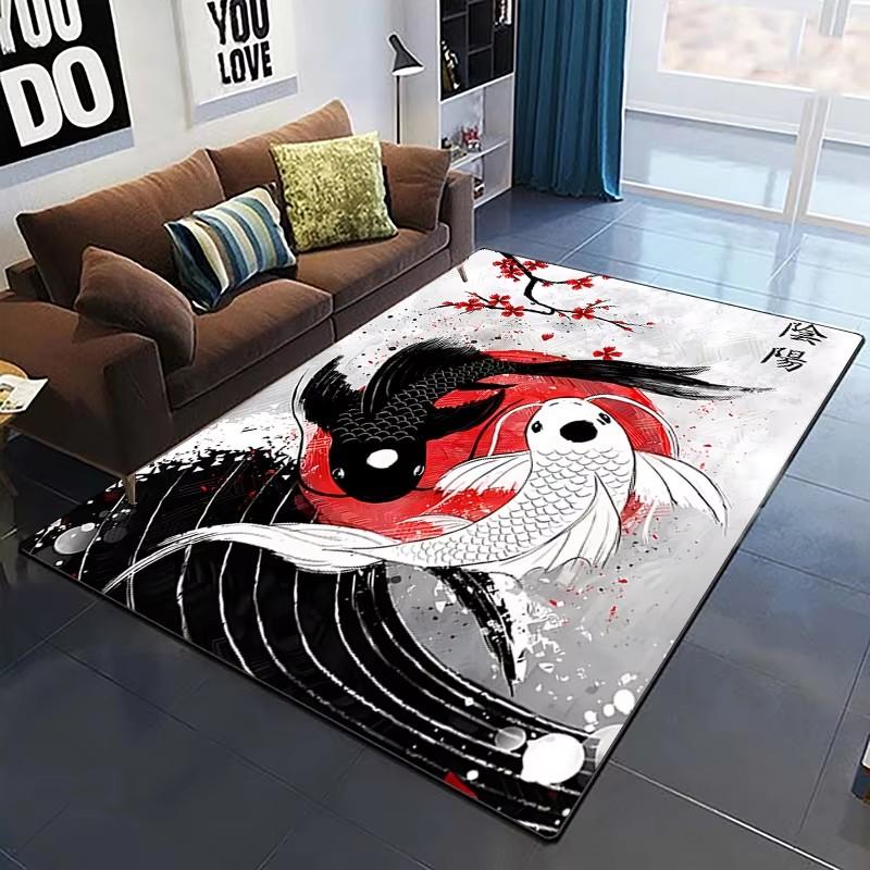 Alfombra de dibujos animados de peces Yin Yang naturalizados con carpa Koi para el hogar, sala de estar, dormitorio, sofá, felpudo decorativo, alfombra para área infantil, alfombra antideslizante