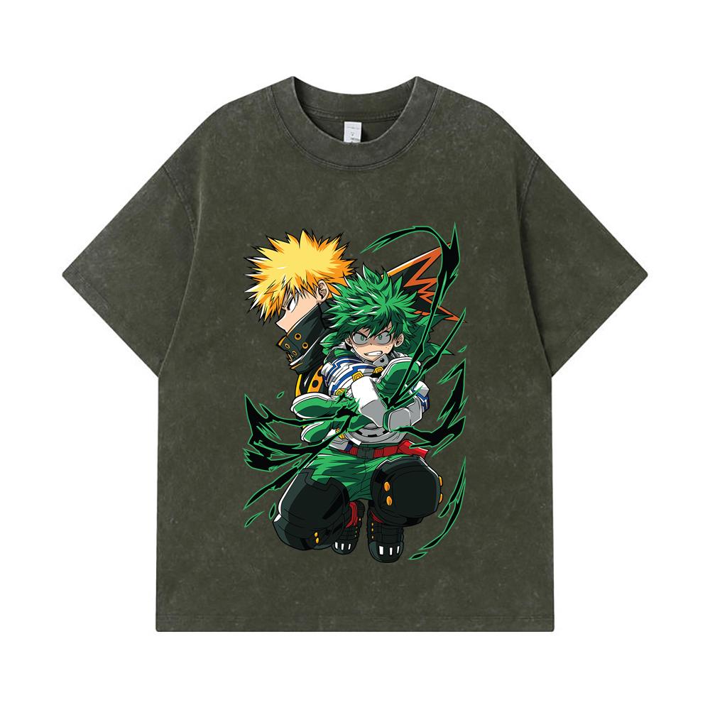 

275 GSM Washed T-shirts 100% Cotton My Hero Academia V21 Print Unisex Heavy Cotton T Shirt S армия зеленый