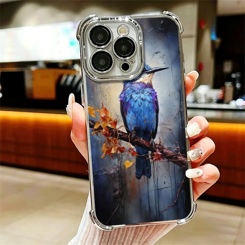

Bird Oil Painting Style Plating Phone Case For Iphone 16 17 Pro Max Air 16E 14 15 Plus 12 13 Mini Anti-Fall Airabag Cover iPhone 15