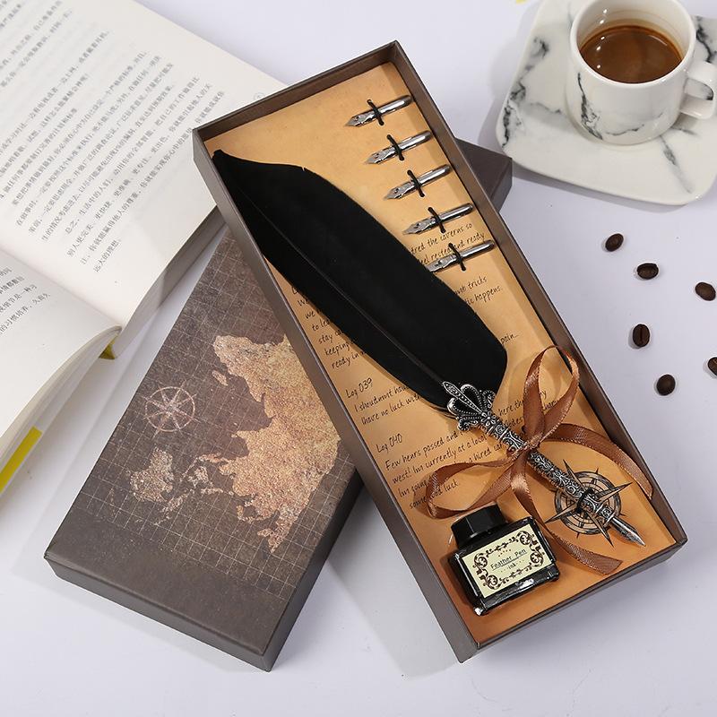 Map Creative Pen Gift Box Crown Quill Set Retro Metal Pen Pen Gift Pen