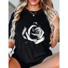 European Size Women's Plus Size Black Short-Sleeve Round Neck T-Shirt - Elegant Rose Flower Print Blouse, Spring Summer Fall Casual & Semi