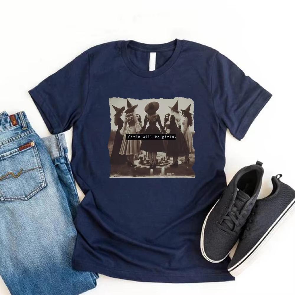 Vintage Girls Will Be Girls Witch T Shirt Funny Witch Tshirt Halloween Women Shirt Short Sleeve Streetwear Tee Witchy Vibes Top