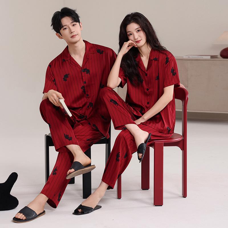 Couple Pajamas Ice Silk Summer Wedding Short Sleeves Trousers Red Loungewear Women's Wedding Engagement Men's Suit