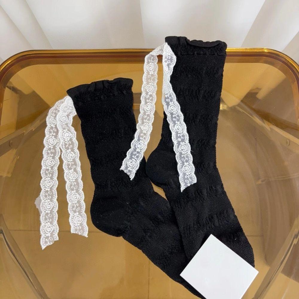 3Pairs Ins Style Lace Bow Socks Thin Sweet Socks Women Soft Mid Tube Socks  Lady