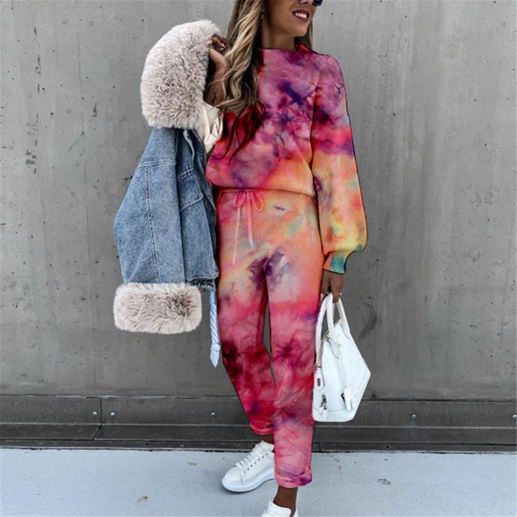 WomenTie-Dye Printed High Neck Lace-up Long Sleeve Fashion Casual Trousers Suit