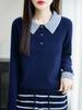 Women's 100% Wool Colorblock Polo Collar Sweater - Long Sleeve Knitted Pullover for Autumn/Winter