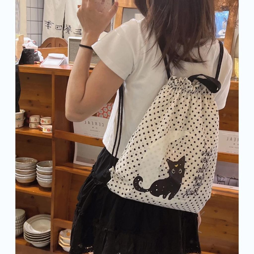 WTEMPO Cute Polka Dot Printed Moon Cat Portable Commuting School Travel Large-capacity Single-shoulder Drawstring Backpack