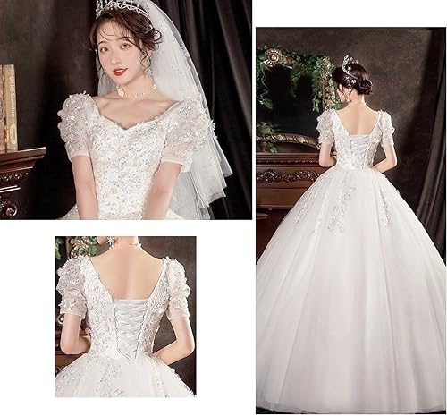 [Housaku Co., Ltd.] Wedding Dress, Puff Sleeves, Sweetheart, Sparkling, Bridal, A-line, Recital, Elegant, Bride (L)