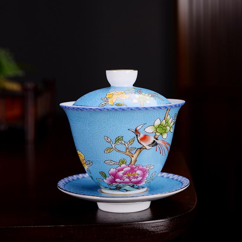 HMLOVE Color Enamel Sancai Gaiwan White Porcelain Cover Bowl Lid Saucer Kung Fu Tea Sets Handmade Tureen Travel Teaware Gift