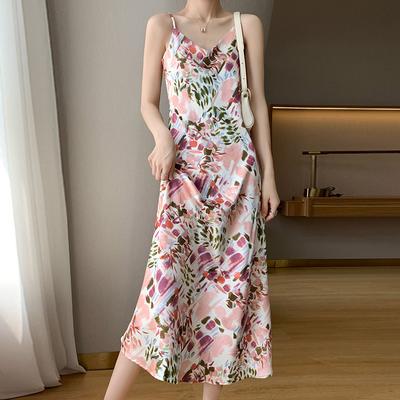 Women's Silk Satin Spring/summer Floral Halter Dress Matching Sleeveless Slim Silk Fashion Long Dress