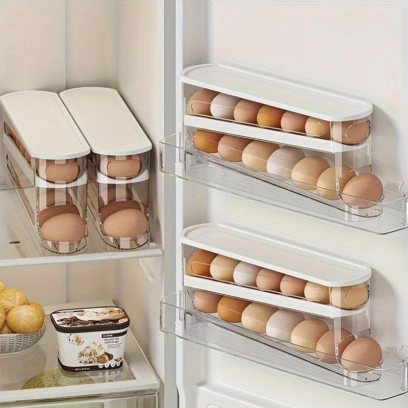 Space-Saving Rolling Egg Storage Box for Refrigerator Side Door - Durable Plastic, Battery-Free, Essential Kitchen Accessory