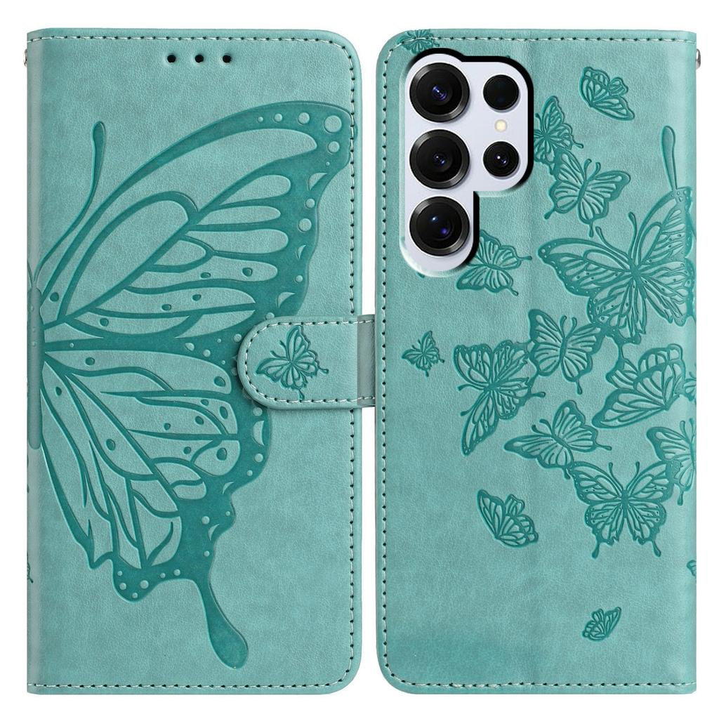 For Samsung Galaxy S25 Ultra Case Butterfly Imprinted Wallet Stand PU Leather Flip Phone Cover with Strap