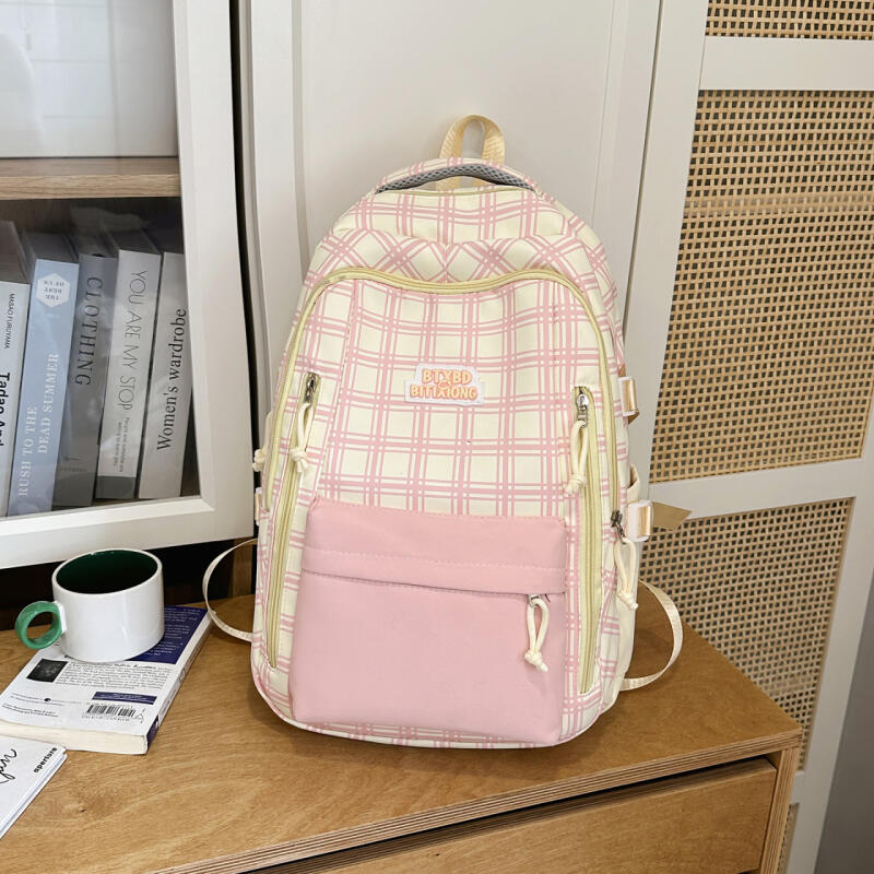 Trendy Plaid Nylon Backpack – Stylish & Durable School Bag for Women, Men, and Teens