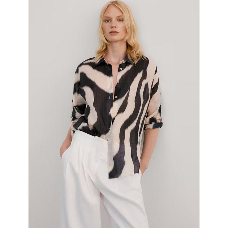 MD Women Clothes Summer New Casual Zebra Pattern Print Thin Silk Long Sleeve Shirts Female 05101818800