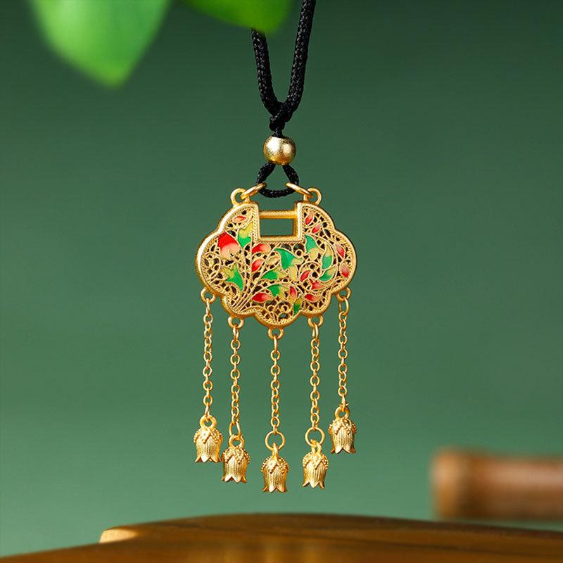 5D Gold Craft Lotus Peace Lock Tassel Pendant Necklace for Hanfu