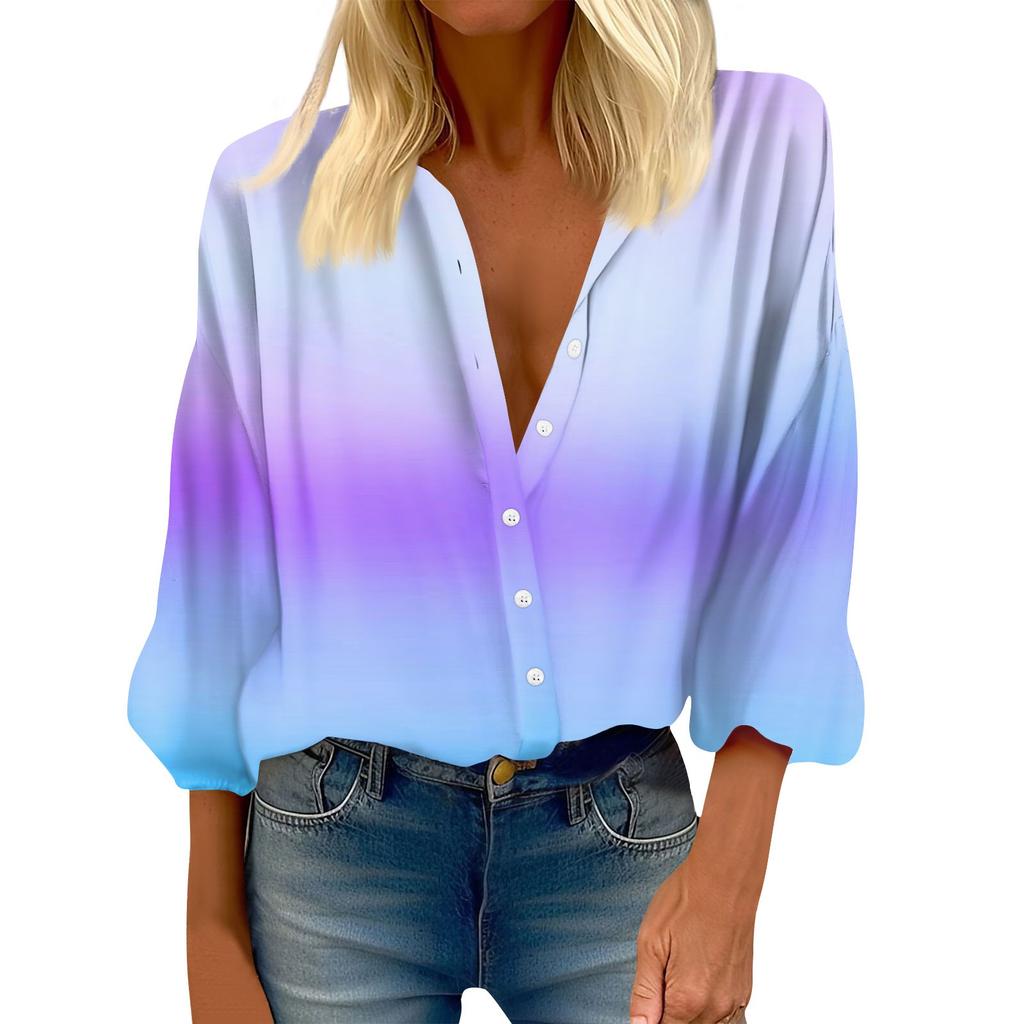 Damenhemd Knopf Lässig Druck Mode Rundhals Überschnittene Schulter Siebenärmeliges Hemd Top