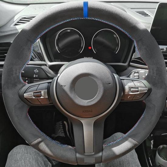 Suede Blue-strip Steering Wheel Leather Cover For BMW X5 F15 / M50d 2013-2018