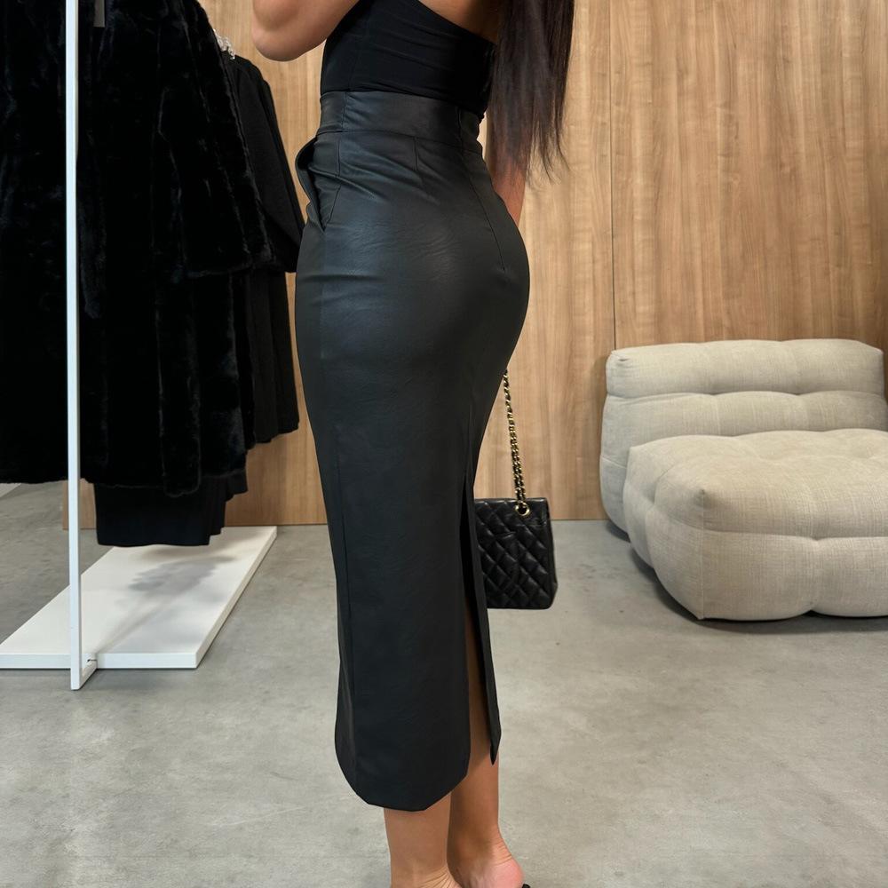 Popular PU Leather Maxi Skirts Women High Waist Sheath Long Dress Female Back Zipper Bodycon Skirt