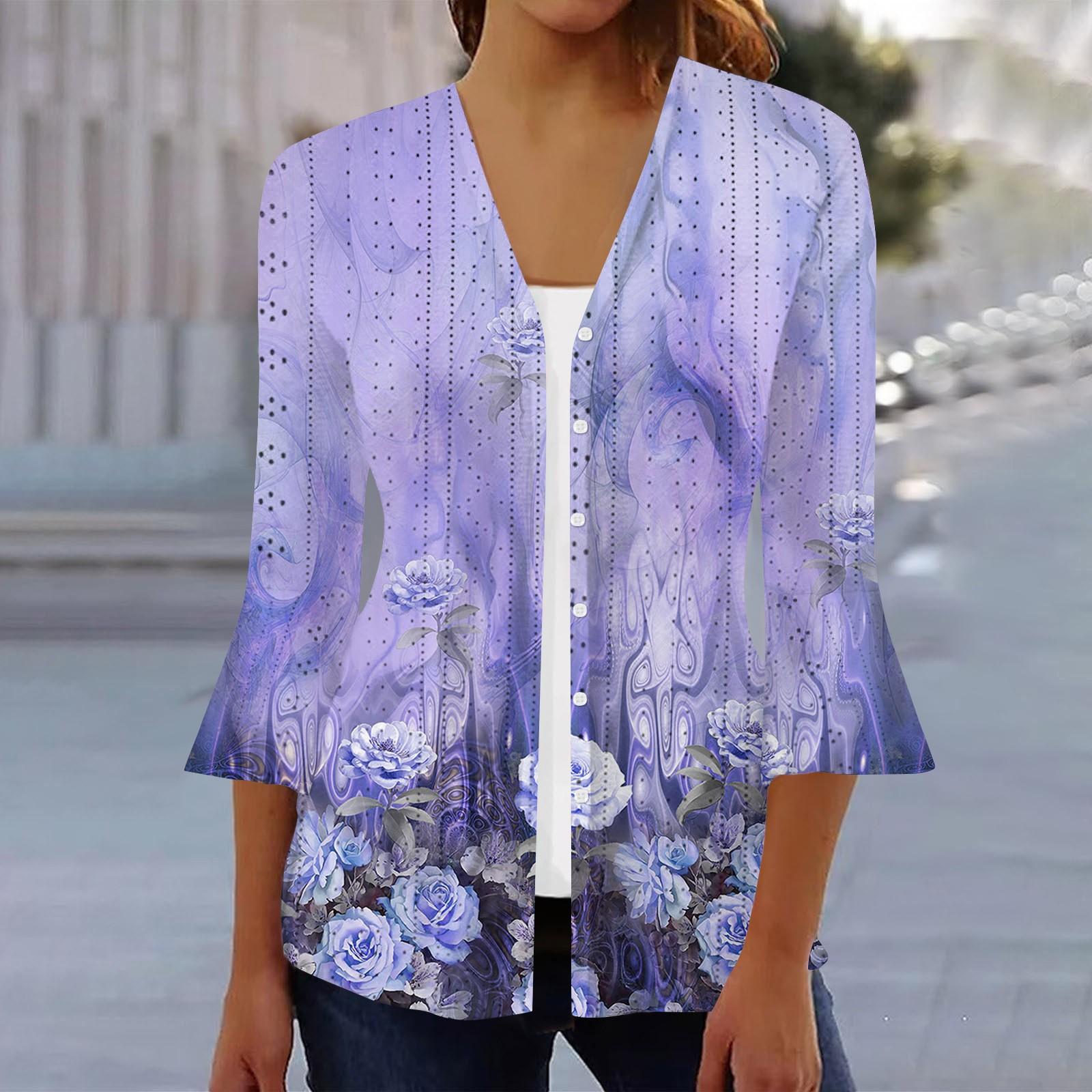 

Женская мода свободный повседневный принт с рукавом три четверти рубашка на пуговицах кардиган топ L фиолетовый