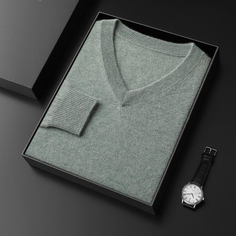 Men's V-Neck Cashmere Sweater, Plus Size, Long Sleeve, Solid Color, Wool Knit, 2023 Autumn/Winter Collection.