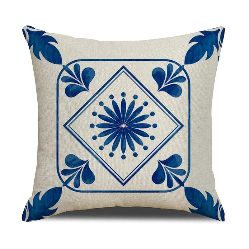 Chinese retro style blue and white ceramic printed fabric linen cotton throw pillow wrapped sofa home decoration pillow